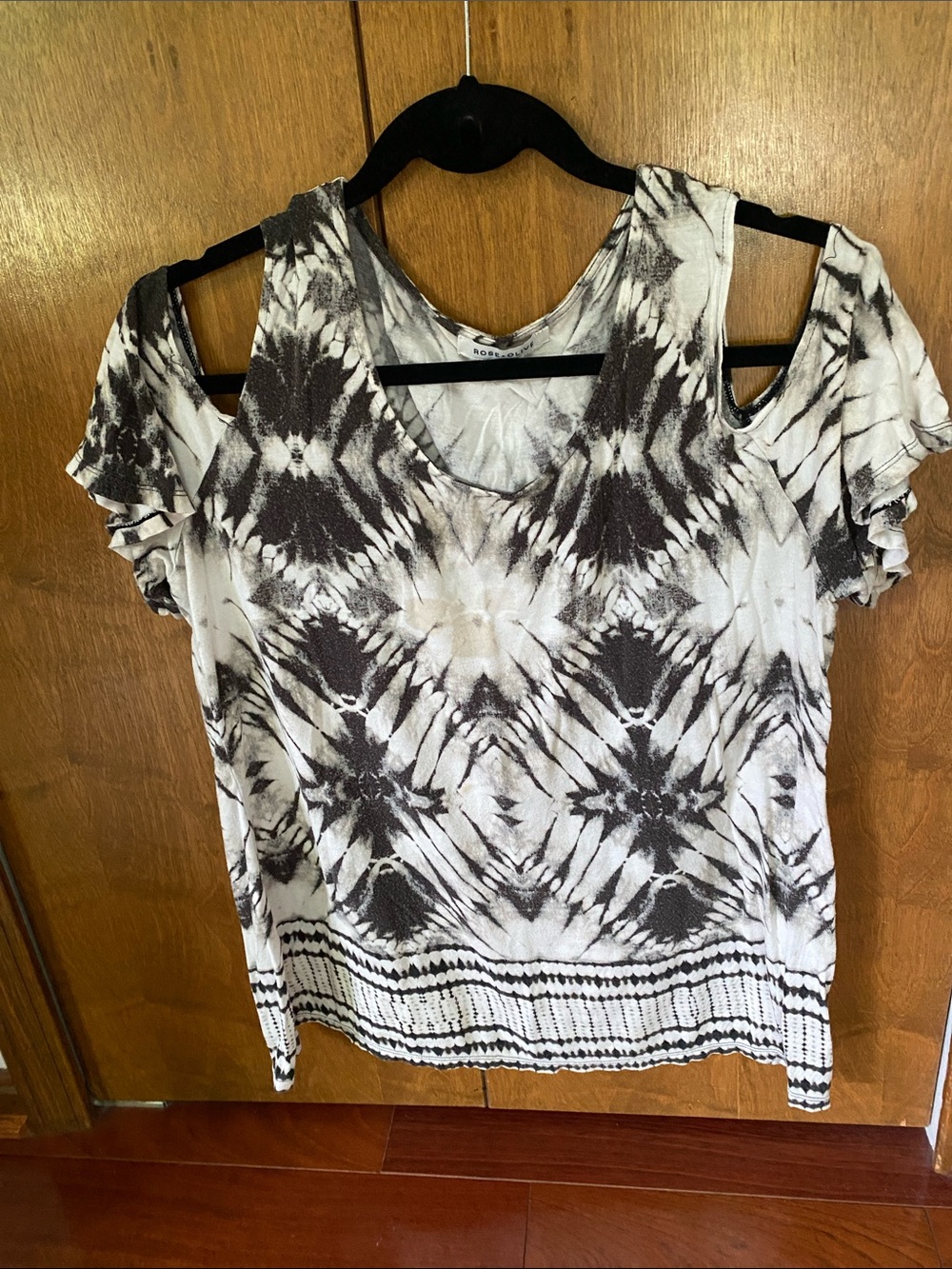Rose & Olive Black and White Tie-Dye Cold Shoulder Tee